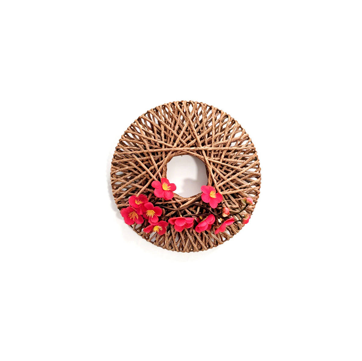 Japanese Zen Woven Rope Wreath with Pink Plum Blossoms for Wall Decor