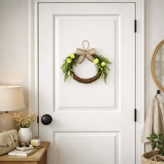Rustic Grapevine Wreath with Yellow Roses, Ferns & Burlap Lace Bow