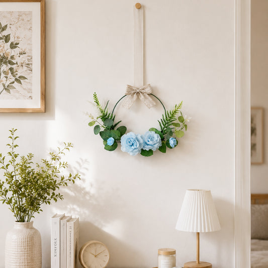 Light Blue Rose Metal Hoop Wreath with Hanging Ribbon & Lace Bow