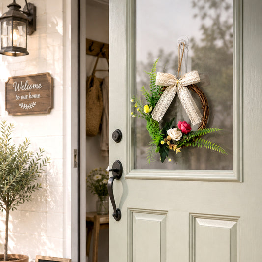 Rustic Grapevine Wreath with Crimson Roses, Ferns & Lace Bow