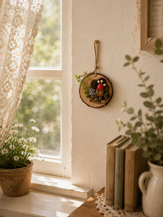 Rustic Natural Wood Slice Hanging Decor with Pinecones, Berries & Dried Flowers