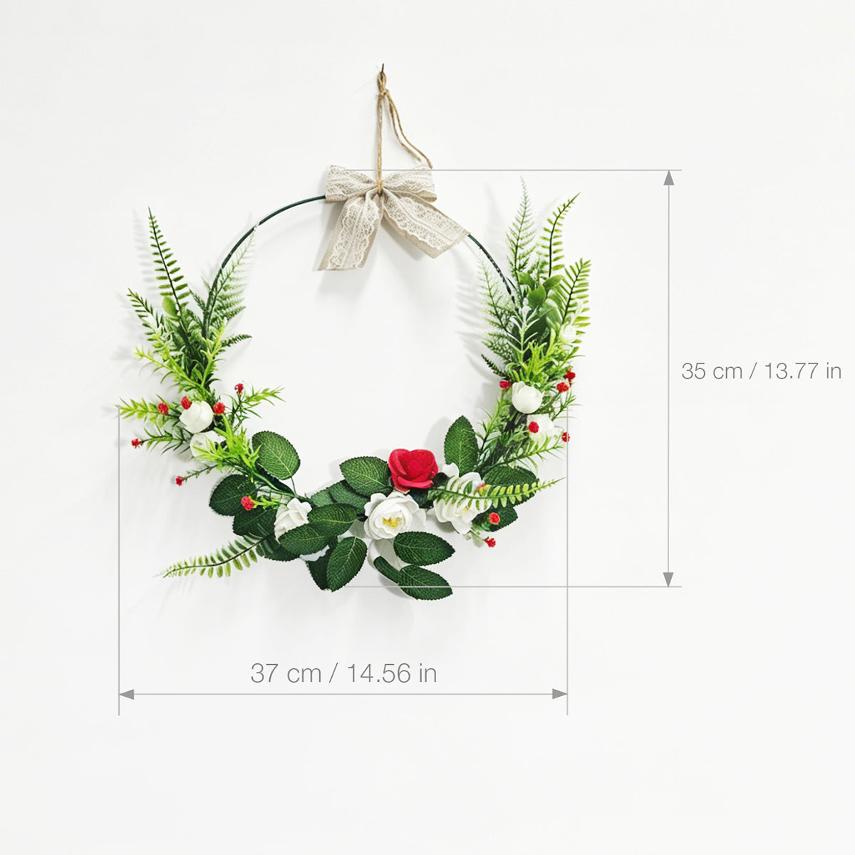 Modern Metal Hoop Wreath with White & Red Roses, Ferns & Lace Bow