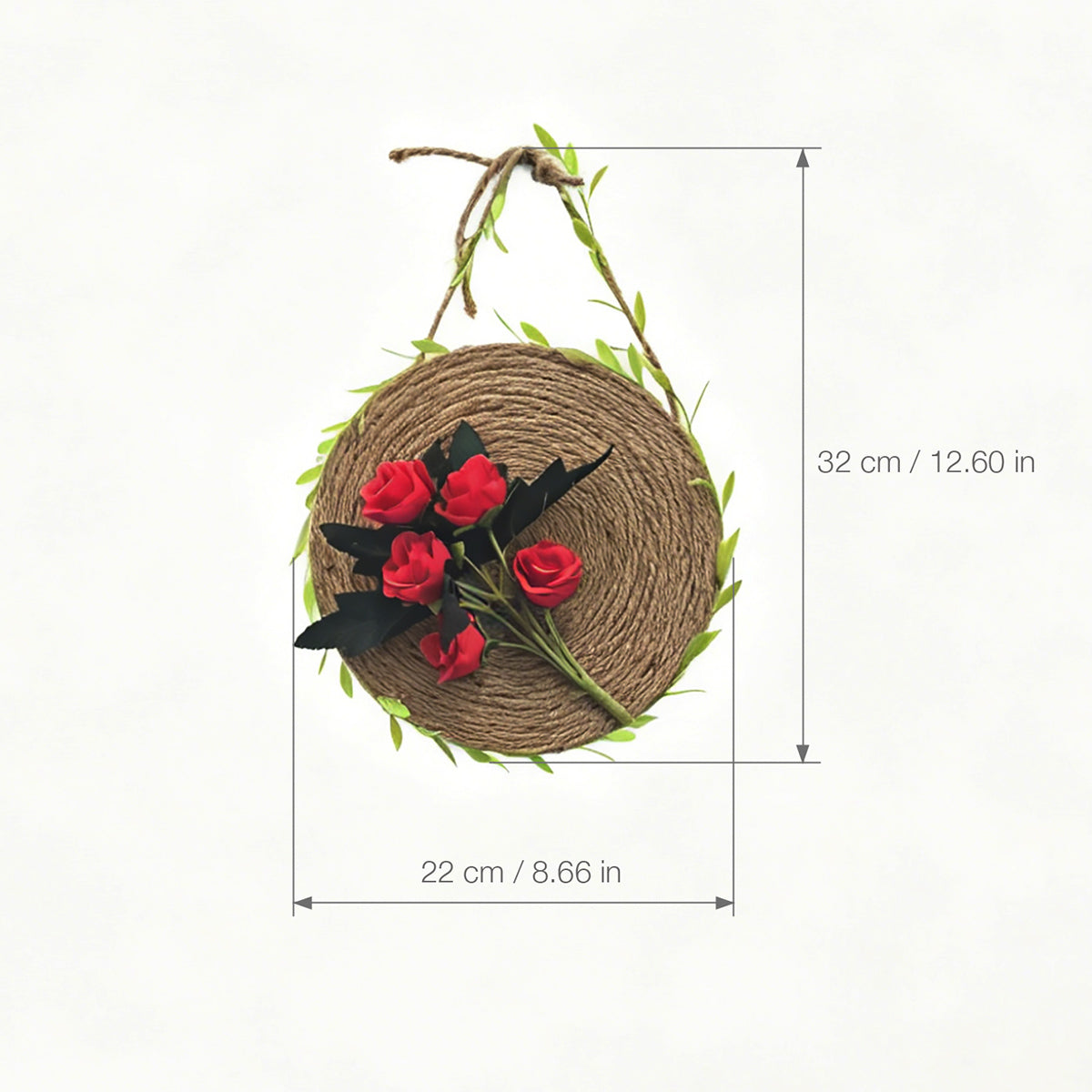 Rustic Woven Jute Rope Wall Disc with Red Silk Roses & Leaf Vine