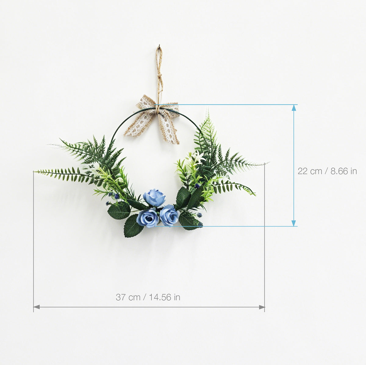 Dusty Blue Rose Hoop Wreath with Ferns & Burlap Lace Bow