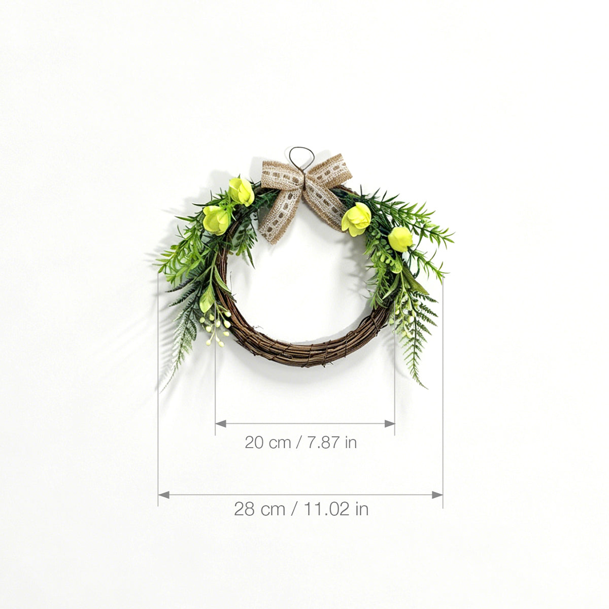 Rustic Grapevine Wreath with Yellow Roses, Ferns & Burlap Lace Bow