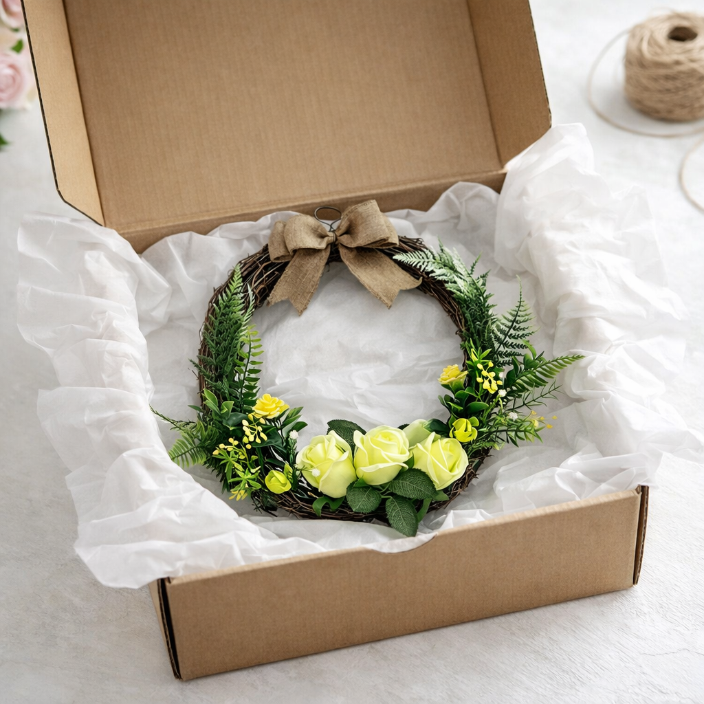 Artificial Floral Wreath with Greenery, White Roses & Burlap Bow Door Decor
