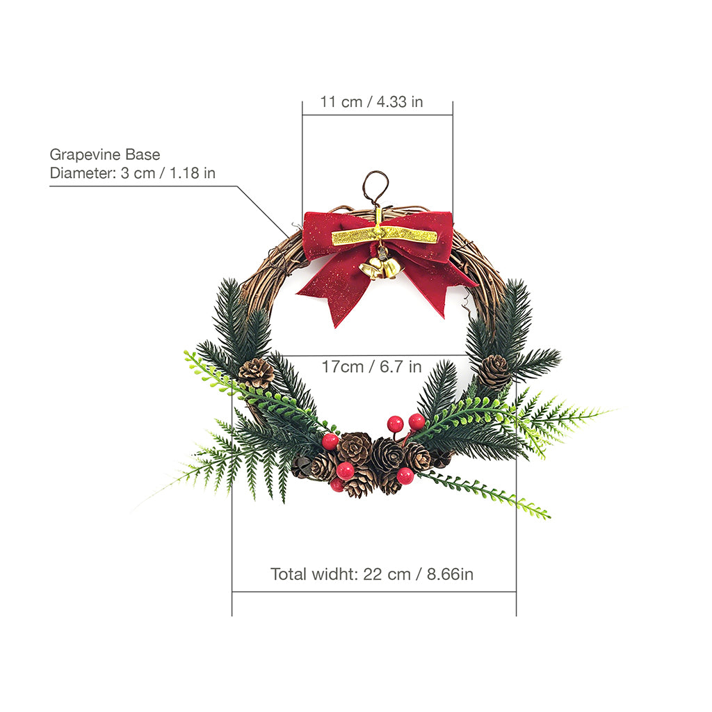 Traditional Christmas Wreath with Evergreen Branches, Pinecones & Red Bow Decor