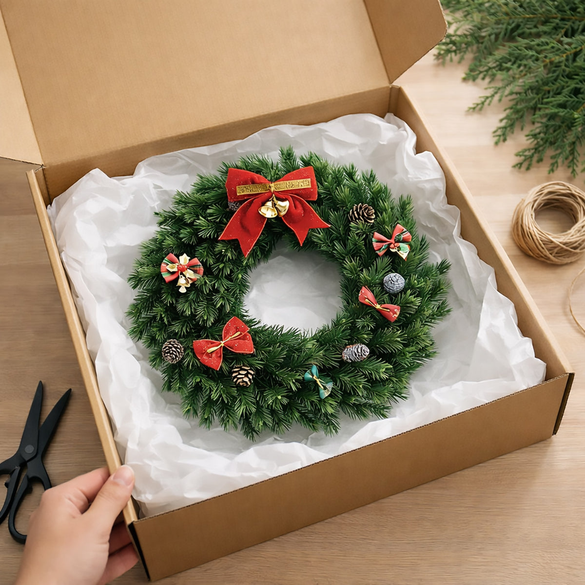 Classic Red Bow Christmas Wreath with Pinecones & Ornaments