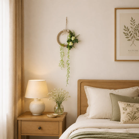 Minimalist Jute Hoop Wreath with White Roses & Hanging Greenery