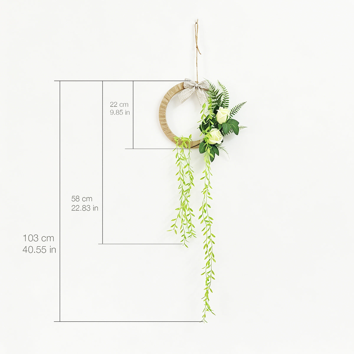Minimalist Jute Hoop Wreath with White Roses & Hanging Greenery