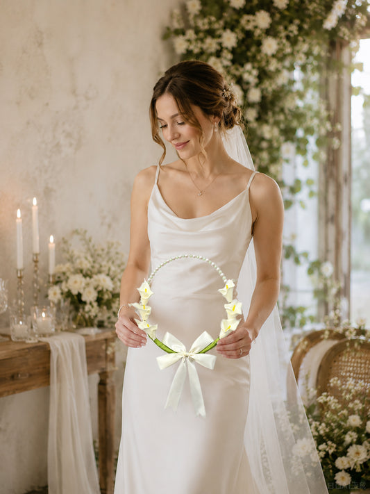 Elegant White Calla Lily Bead Hoop Wreath with Satin Bow