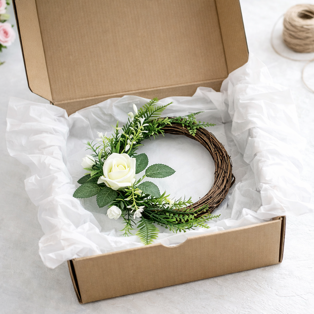 Artificial Greenery Wreath with White Roses, Fern Leaves & Rustic Vine Ring Decor