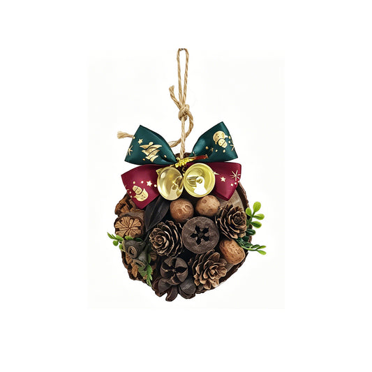 Rustic Wood Slice Christmas Ornament with Pinecones & Jingle Bells