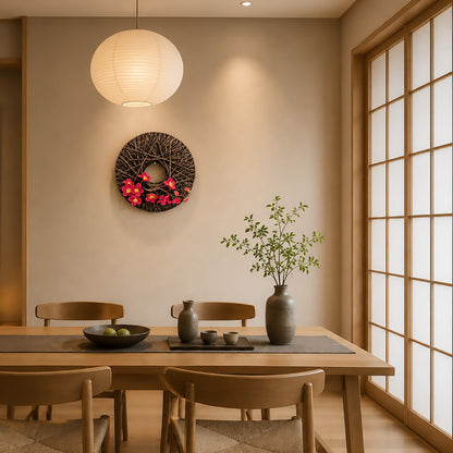 Japanese Zen Woven Rope Wreath with Pink Plum Blossoms for Wall Decor