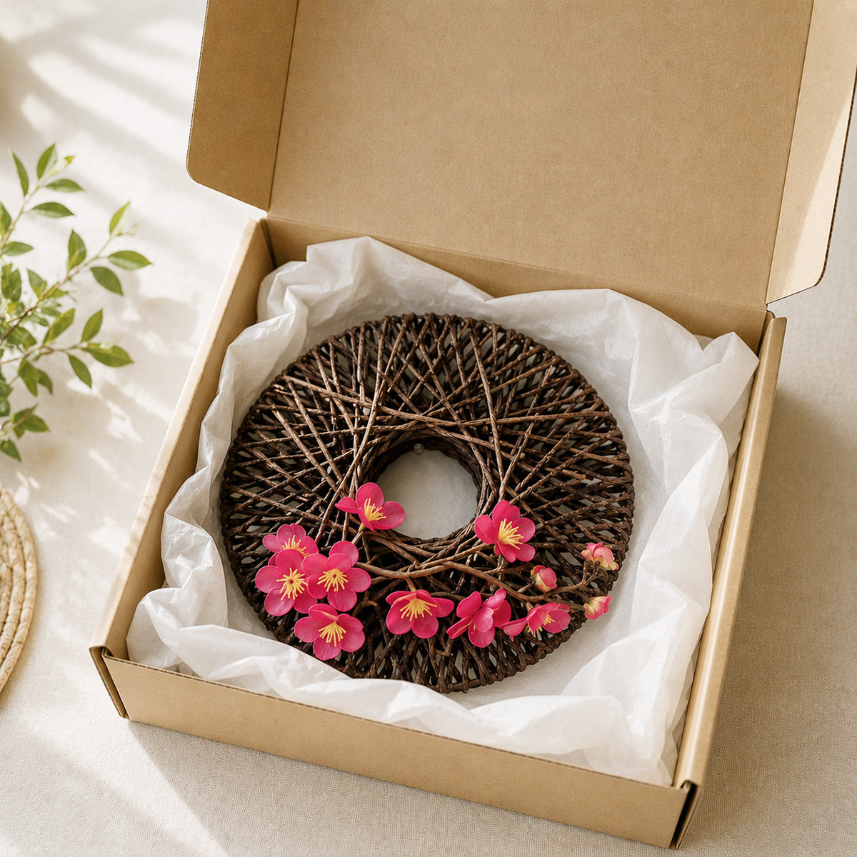 Japanese Zen Woven Rope Wreath with Pink Plum Blossoms for Wall Decor