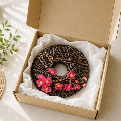 Japanese Zen Woven Rope Wreath with Pink Plum Blossoms for Wall Decor