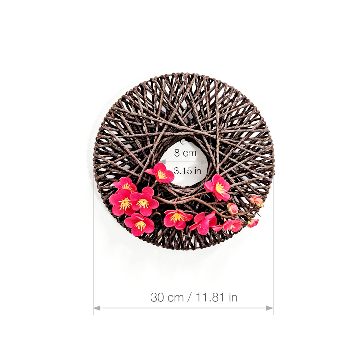Japanese Zen Woven Rope Wreath with Pink Plum Blossoms for Wall Decor