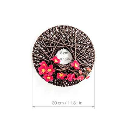 Japanese Zen Woven Rope Wreath with Pink Plum Blossoms for Wall Decor