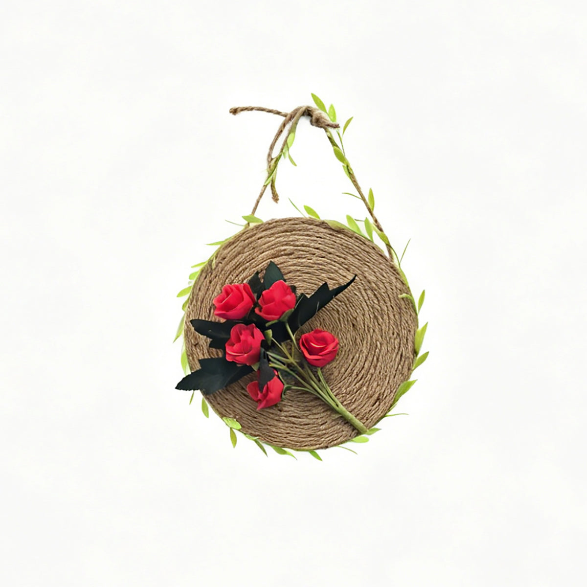 Rustic Woven Jute Rope Wall Disc with Red Silk Roses & Leaf Vine