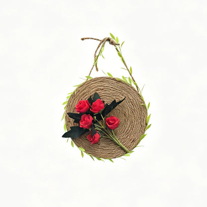 Rustic Woven Jute Rope Wall Disc with Red Silk Roses & Leaf Vine