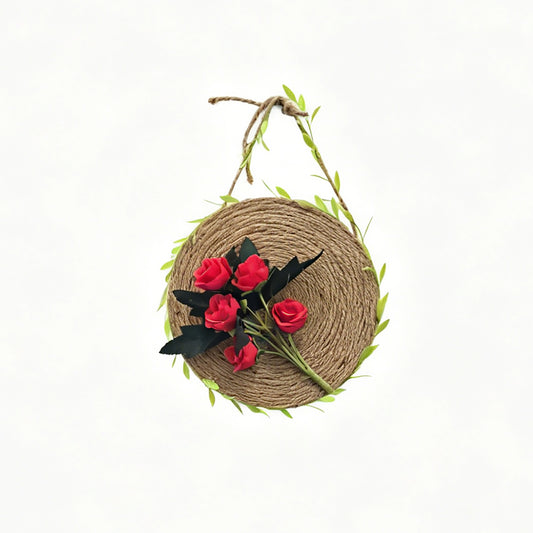 Rustic Woven Jute Rope Wall Disc with Red Silk Roses & Leaf Vine