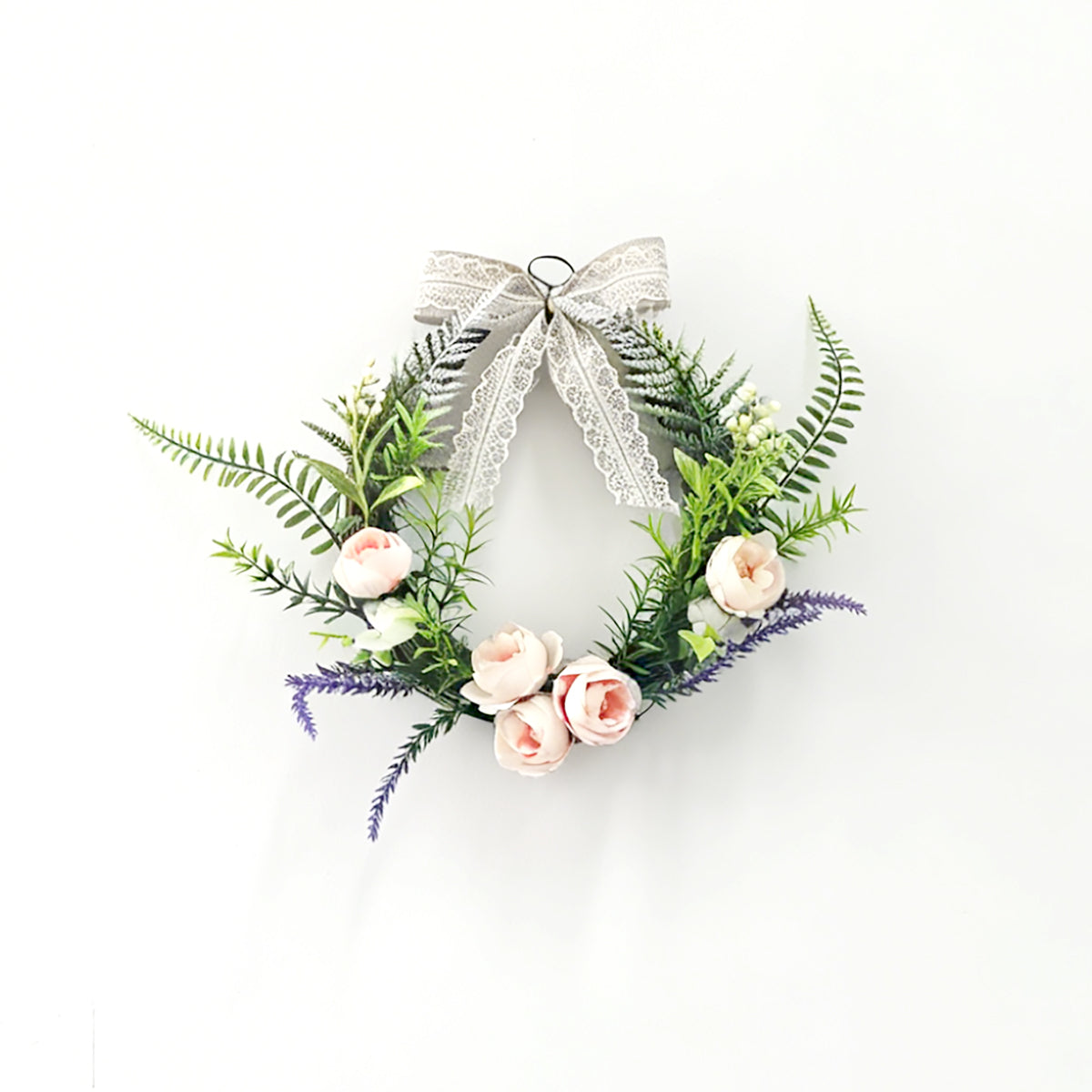 Oval Floral Hoop Wreath with Blush Pink Peonies & Lace Ribbon Bow