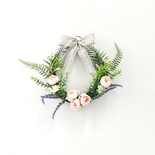 Oval Floral Hoop Wreath with Blush Pink Peonies & Lace Ribbon Bow
