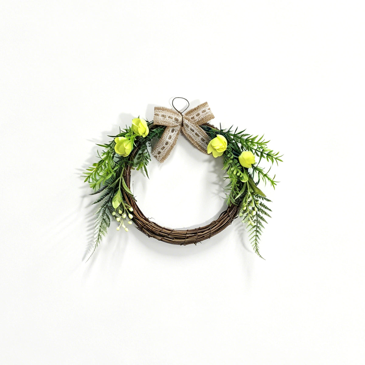 Rustic Grapevine Wreath with Yellow Roses, Ferns & Burlap Lace Bow