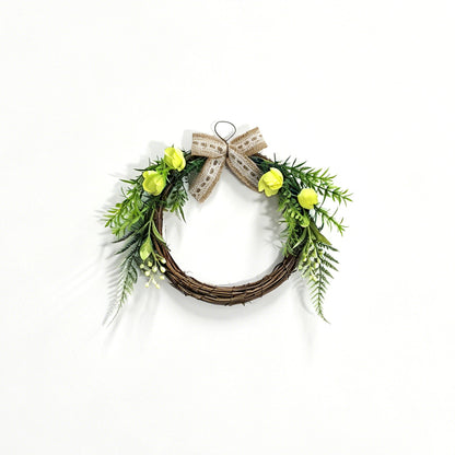 Rustic Grapevine Wreath with Yellow Roses, Ferns & Burlap Lace Bow
