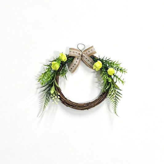Rustic Grapevine Wreath with Yellow Roses, Ferns & Burlap Lace Bow