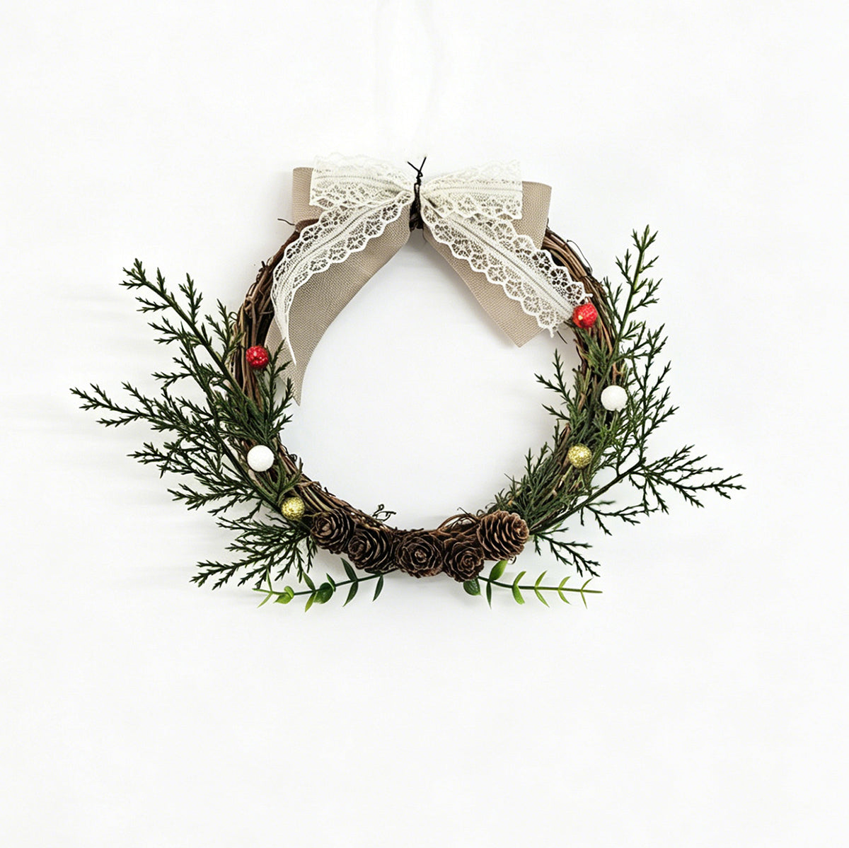 Rustic Cedar Grapevine Wreath with Lace Bow & Mini Berries