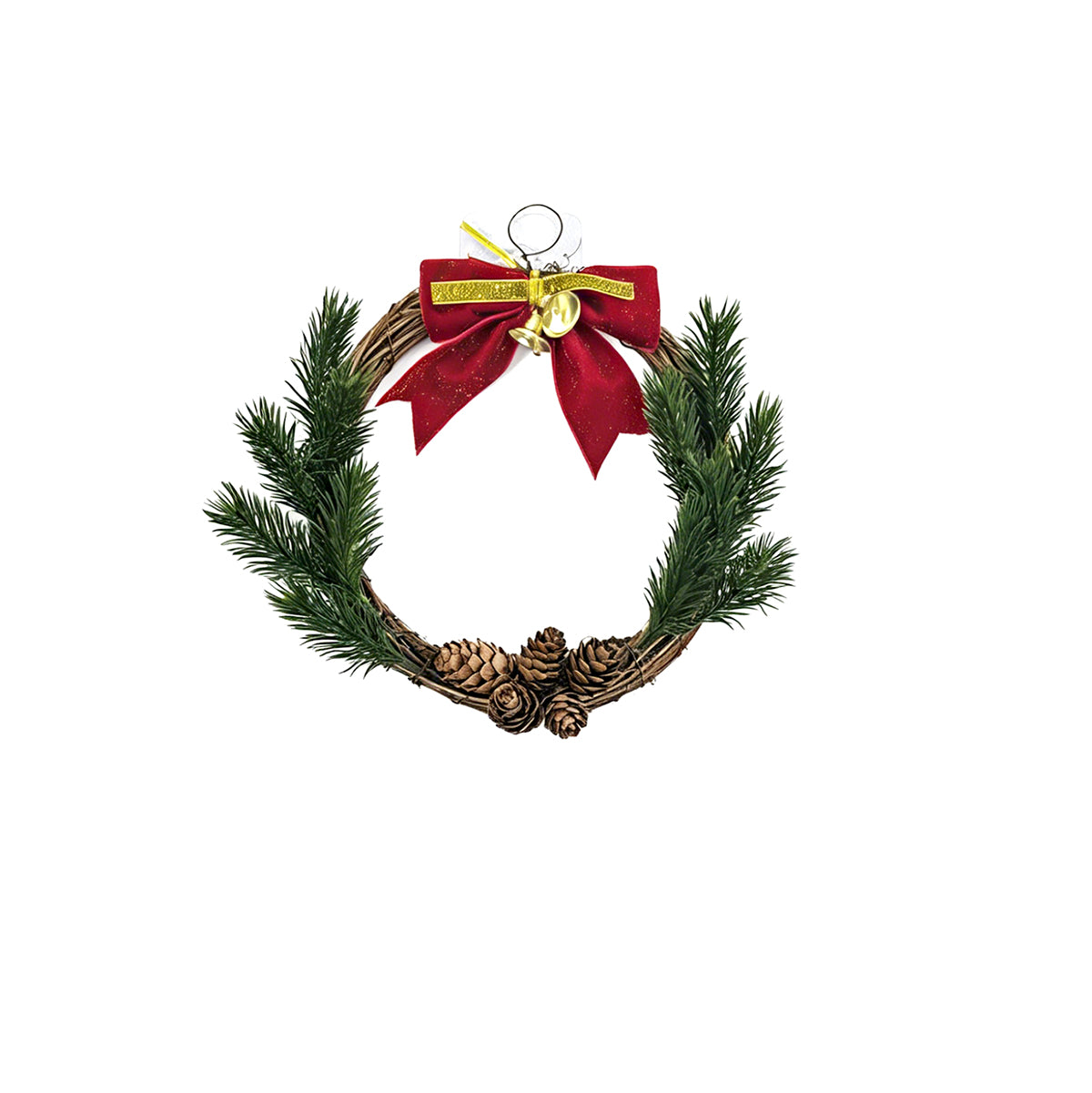 Rustic Rattan Christmas Wreath with Red Velvet Bow & Pinecones