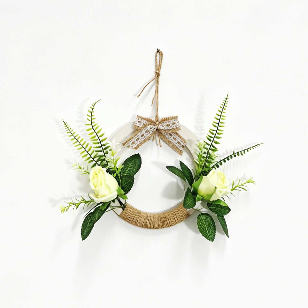 Rustic Wooden Hoop Wreath with Cream White Roses, Ferns & Lace Bow