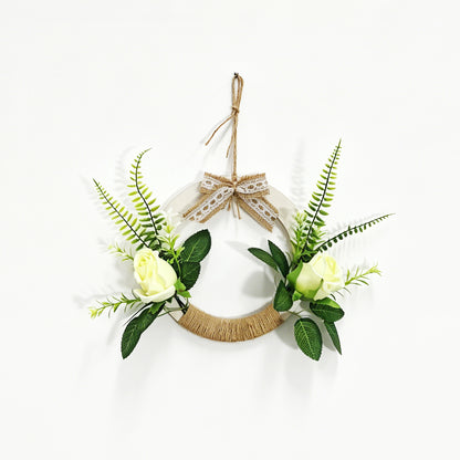 Rustic Wooden Hoop Wreath with Cream White Roses, Ferns & Lace Bow