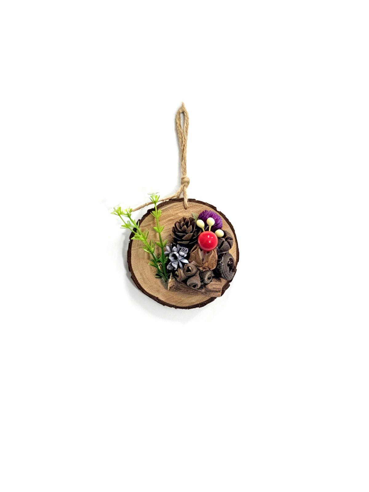 Rustic Natural Wood Slice Hanging Decor with Pinecones, Berries & Dried Flowers
