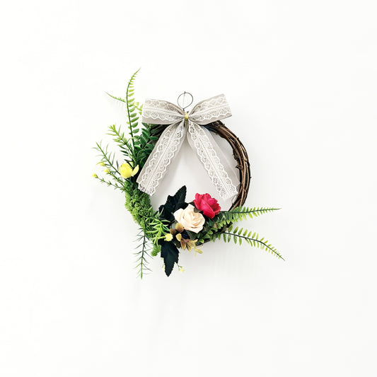 Rustic Grapevine Wreath with Crimson Roses, Ferns & Lace Bow