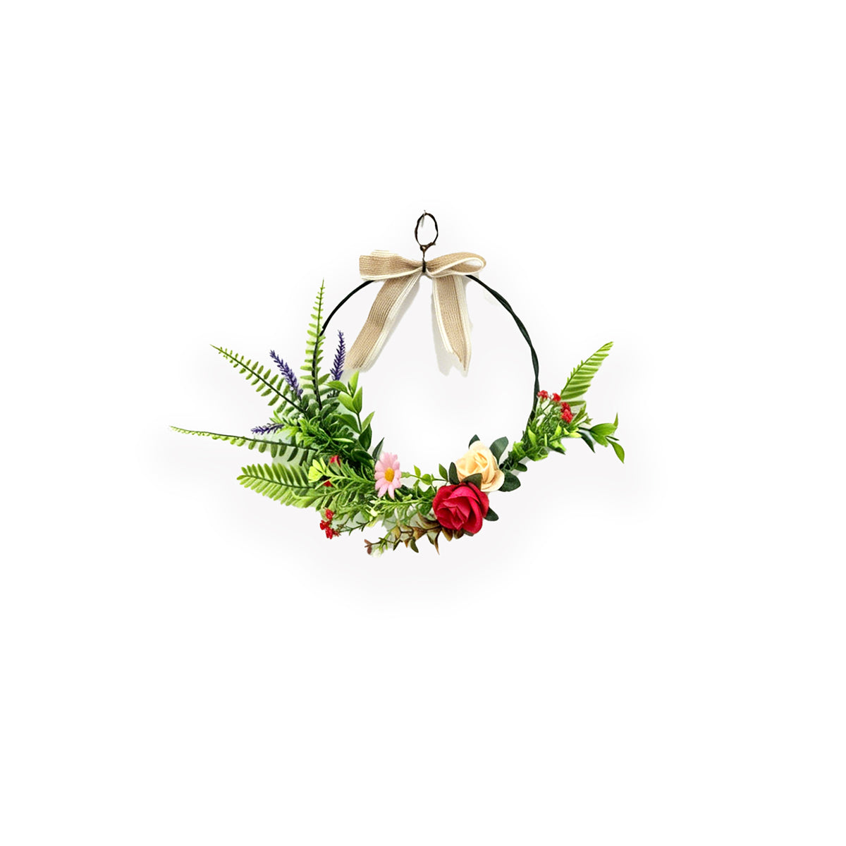 Modern Metal Hoop Floral Wreath with Roses, Lavender & Linen Bow