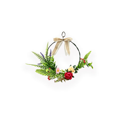 Modern Metal Hoop Floral Wreath with Roses, Lavender & Linen Bow