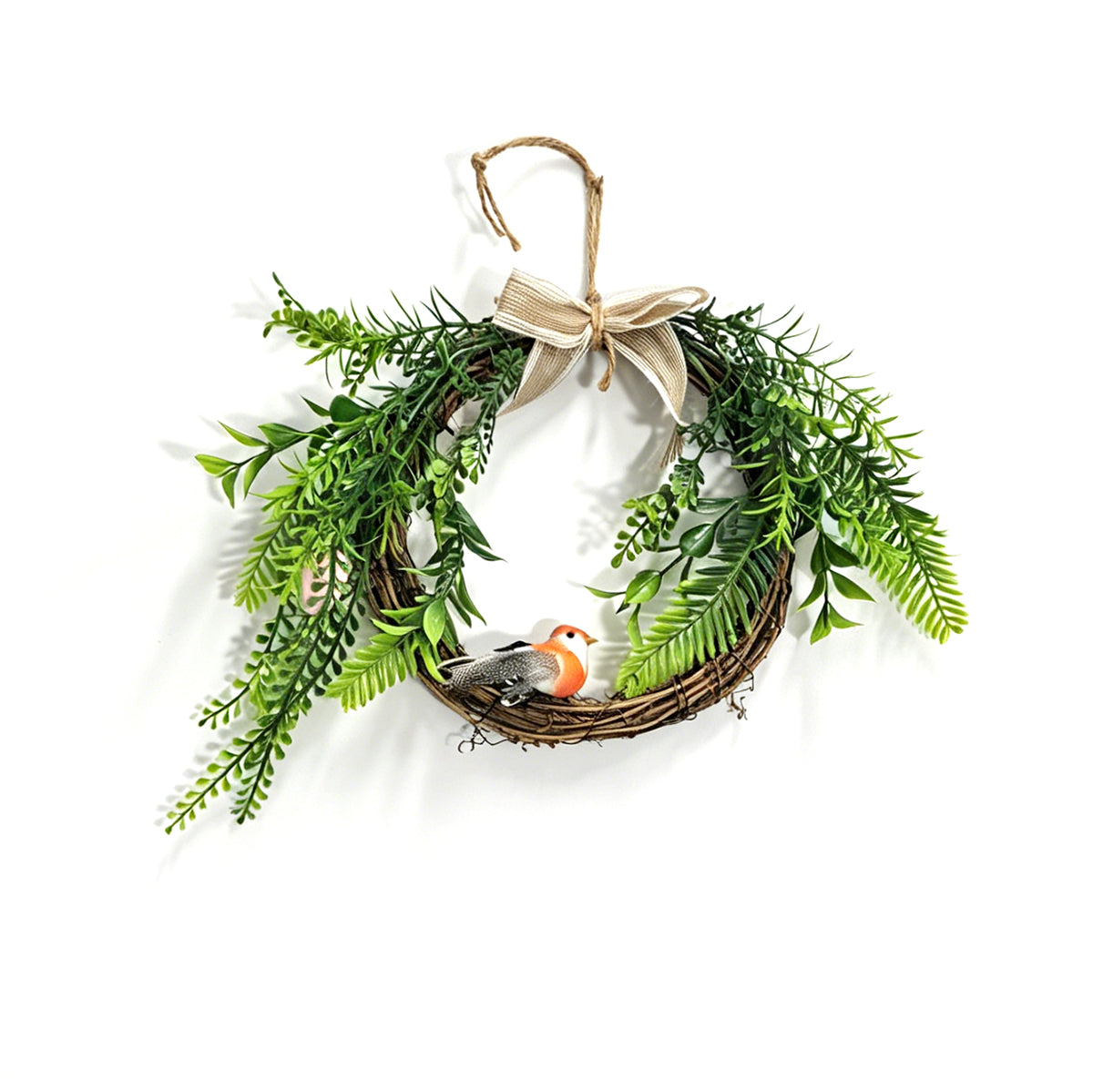 Rustic Grapevine Wreath with Artificial Bird, Greenery & Linen Bow
