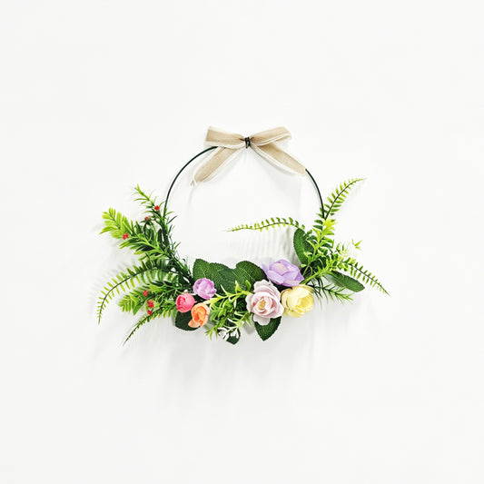 Modern Metal Hoop Wreath with Pastel Wildflowers & Linen Bow