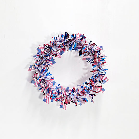 Patriotic 4th of July Metallic Tinsel Wreath with Mini US Flags