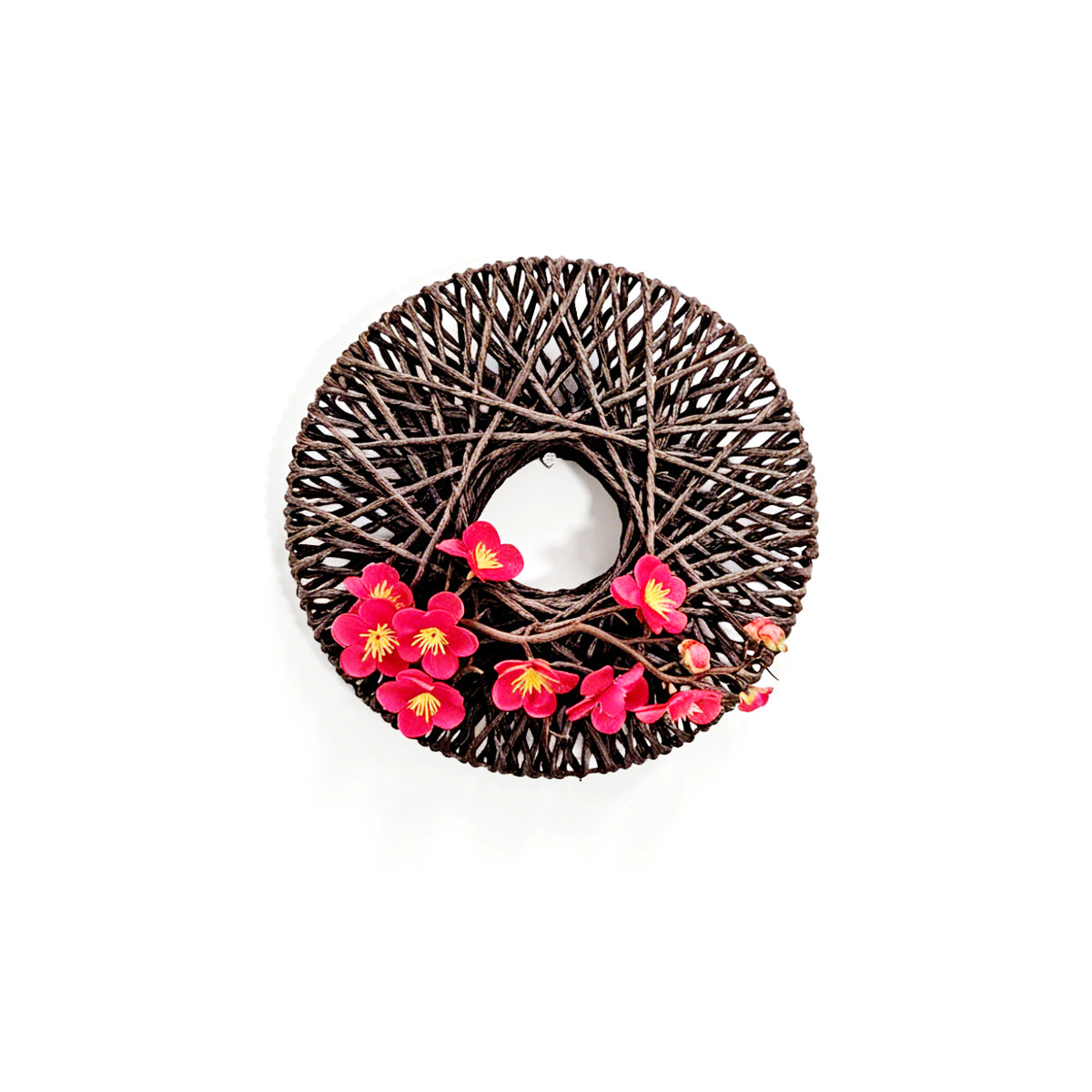 Japanese Zen Woven Rope Wreath with Pink Plum Blossoms for Wall Decor
