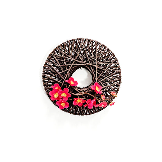 Japanese Zen Woven Rope Wreath with Pink Plum Blossoms for Wall Decor