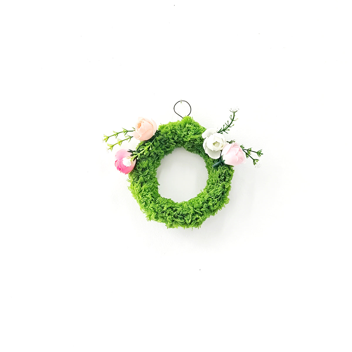 Mini Faux Green Moss Wreath with Pink & White Silk Camellias