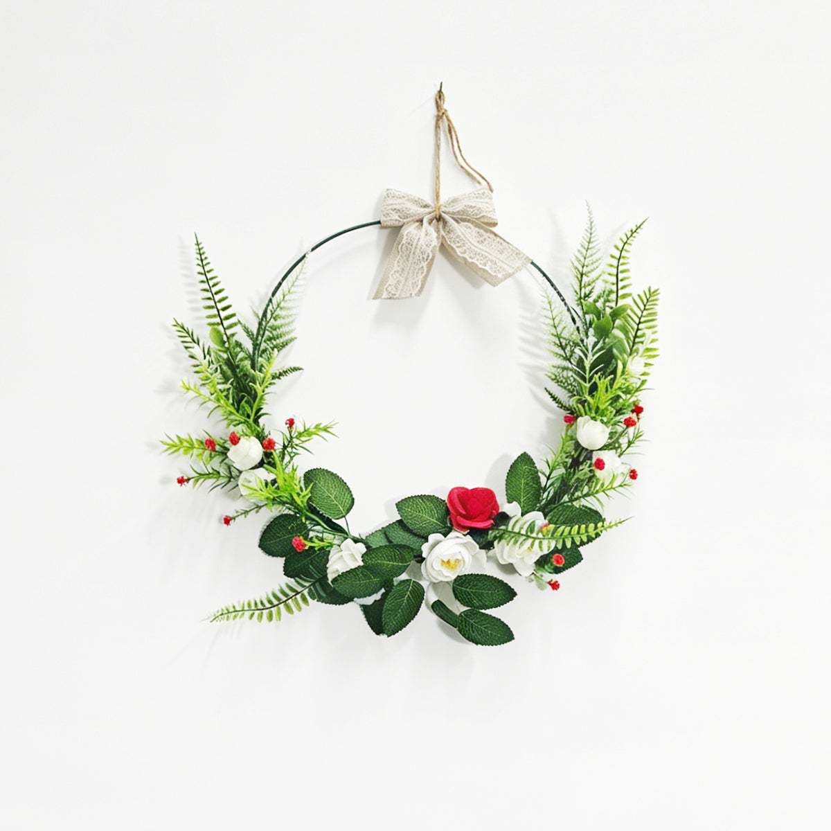 Modern Metal Hoop Wreath with White & Red Roses, Ferns & Lace Bow