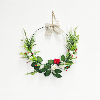 Modern Metal Hoop Wreath with White & Red Roses, Ferns & Lace Bow