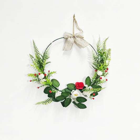 Modern Metal Hoop Wreath with White & Red Roses, Ferns & Lace Bow