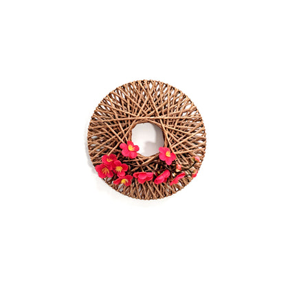 Japanese Zen Woven Rope Wreath with Pink Plum Blossoms for Wall Decor