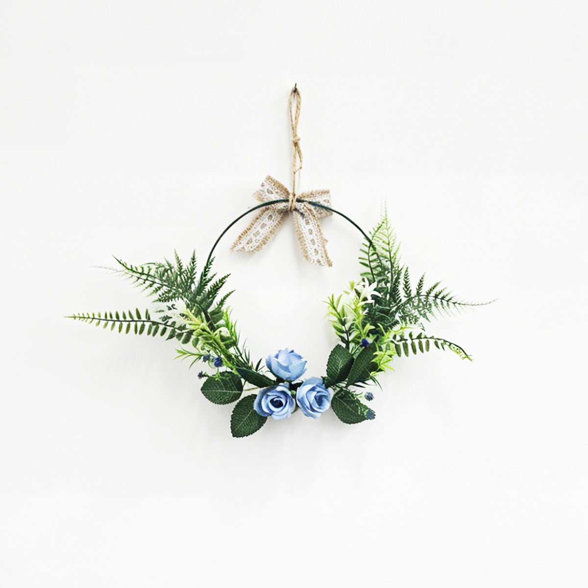 Dusty Blue Rose Hoop Wreath with Ferns & Burlap Lace Bow