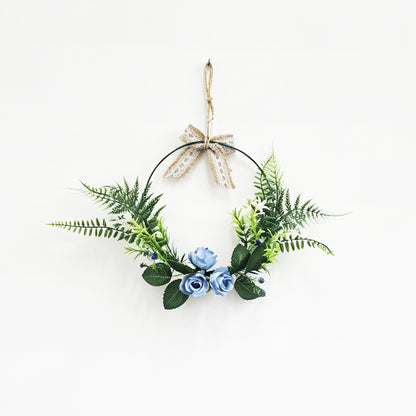 Dusty Blue Rose Hoop Wreath with Ferns & Burlap Lace Bow